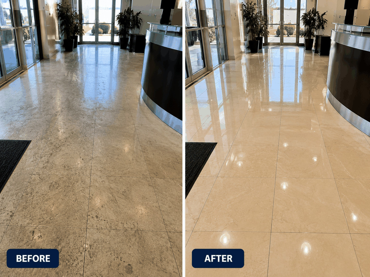 Before-and-after comparison of a commercial lobby floor